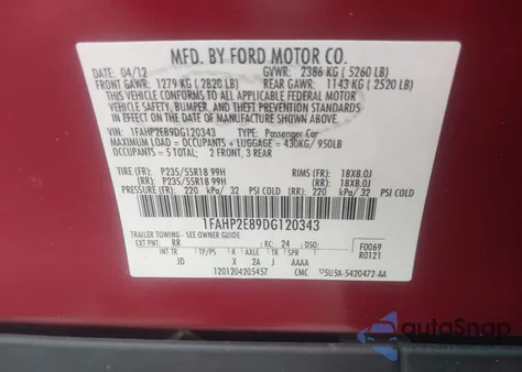 2013 Ford Taurus Sel from USA, damaged, VIN 1FAHP2E89DG120343